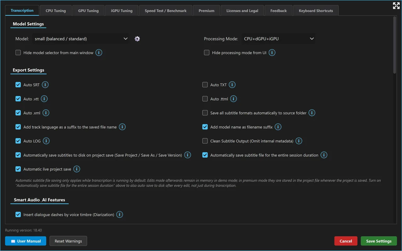 Neural Engine & Whisper Settings